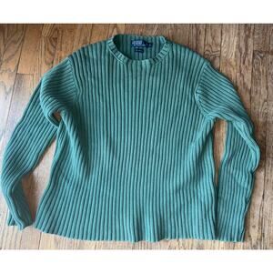 VTG Polo Ralph Lauren Sz L Cable Knit Green Cotton Sweater Minimalist Cozy Y2K